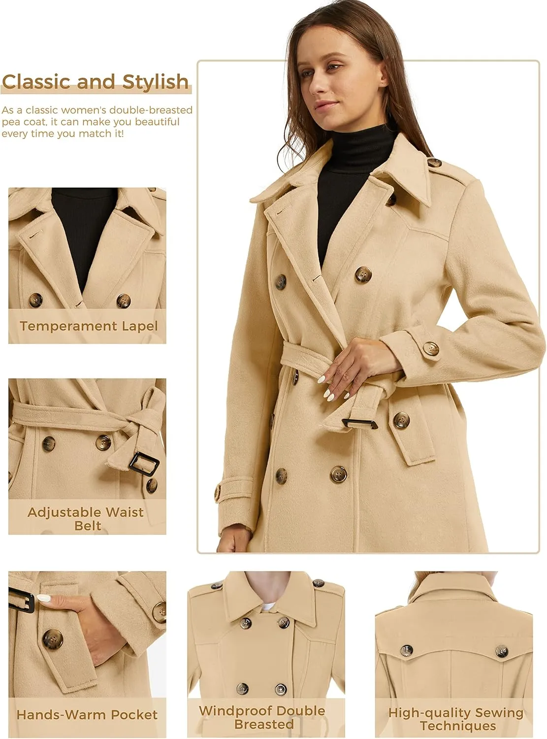 wantdo Women's Double Breasted Pea Coat Winter Mid-Long Trench Coat with Belt