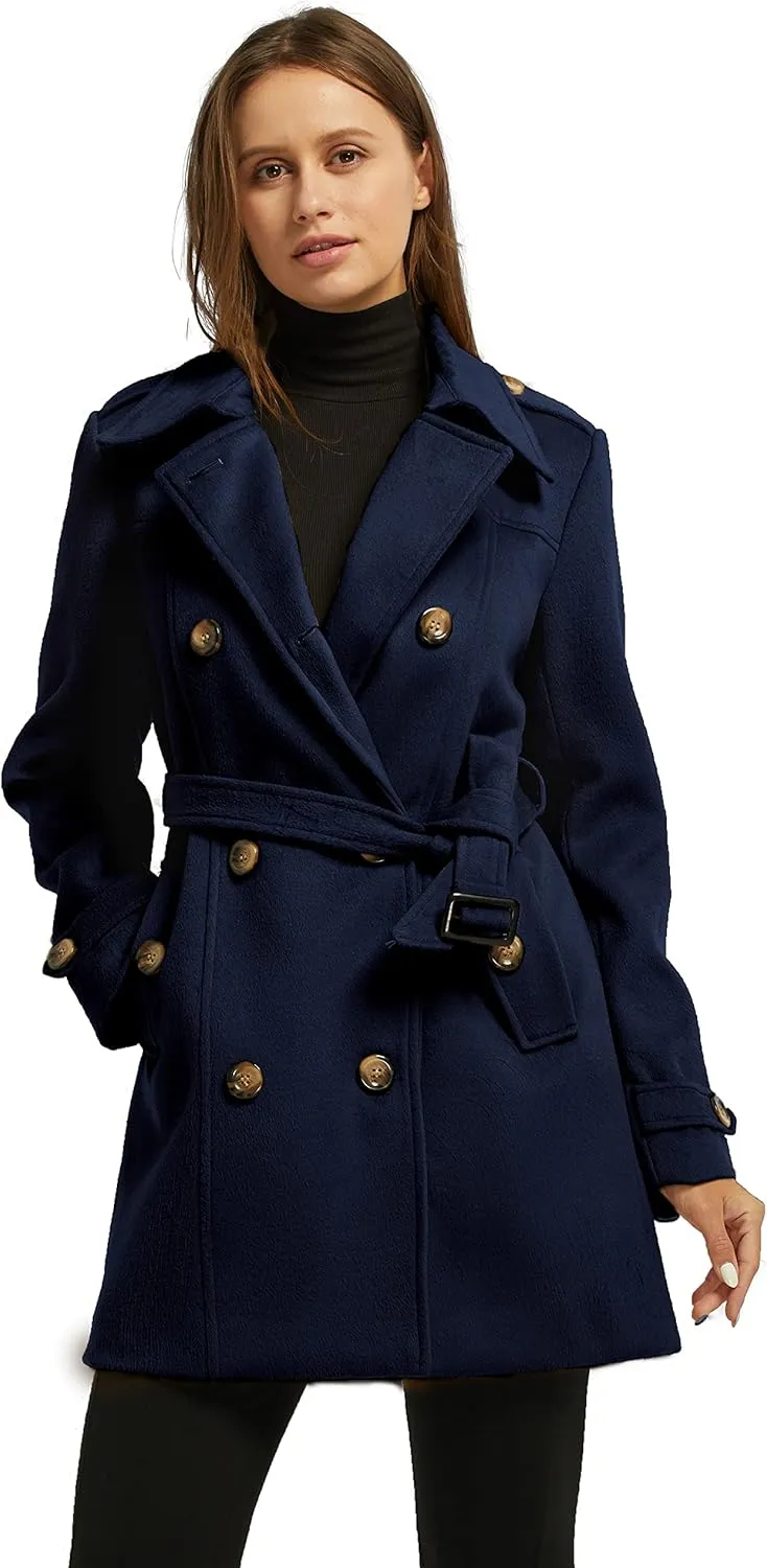 wantdo Women's Double Breasted Pea Coat Winter Mid-Long Trench Coat with Belt
