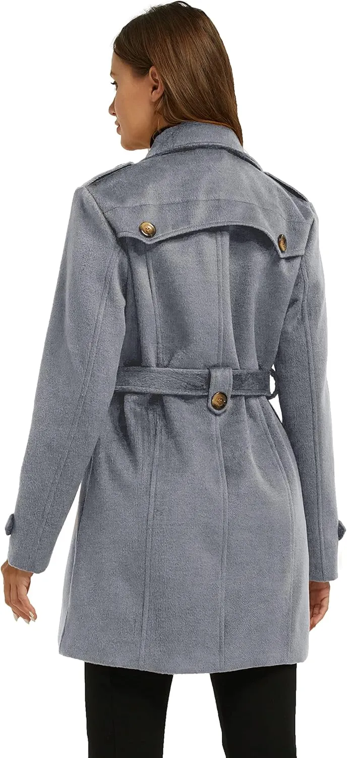 wantdo Women's Double Breasted Pea Coat Winter Mid-Long Trench Coat with Belt