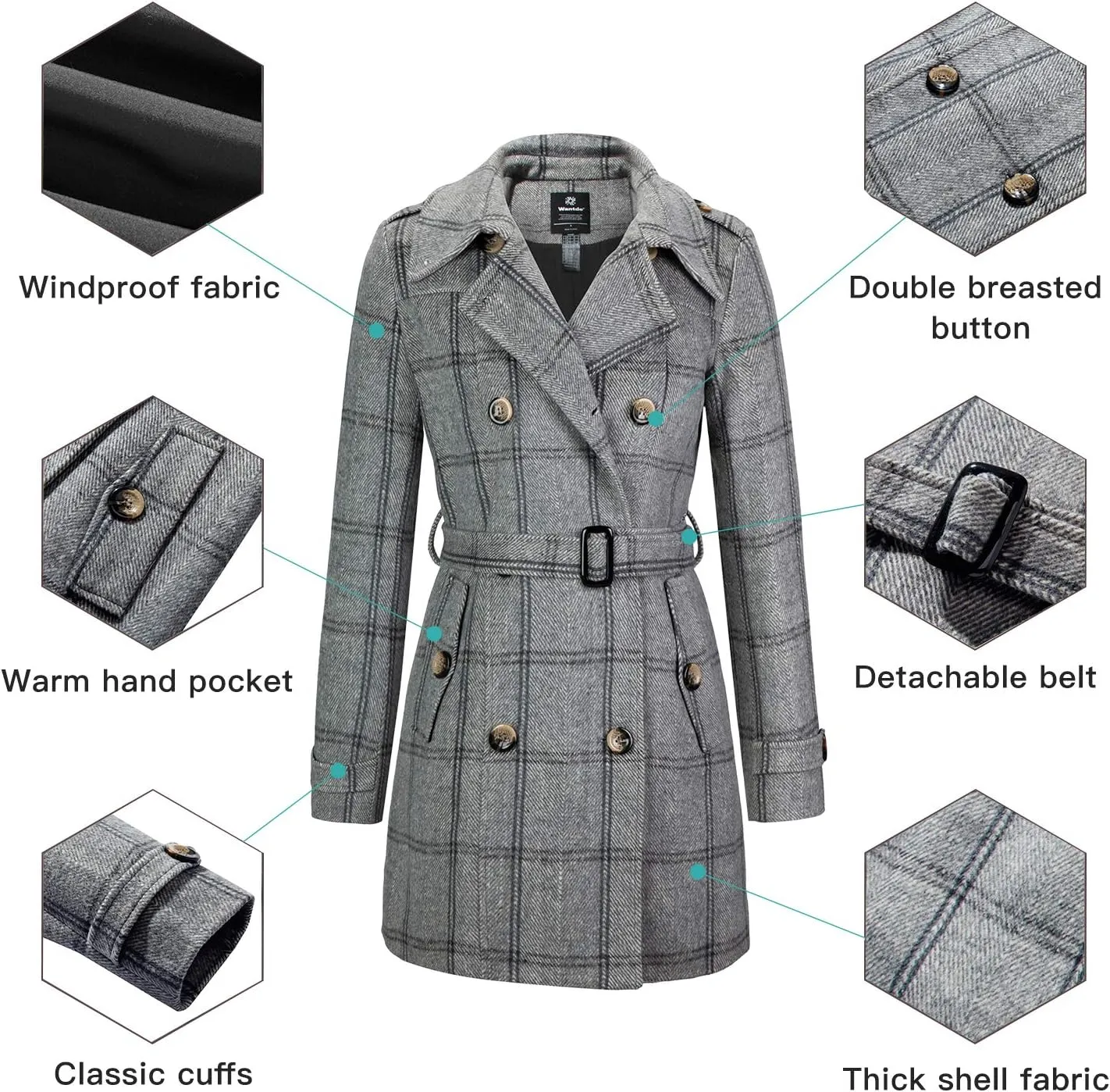 wantdo Women's Double Breasted Pea Coat Winter Mid-Long Trench Coat with Belt