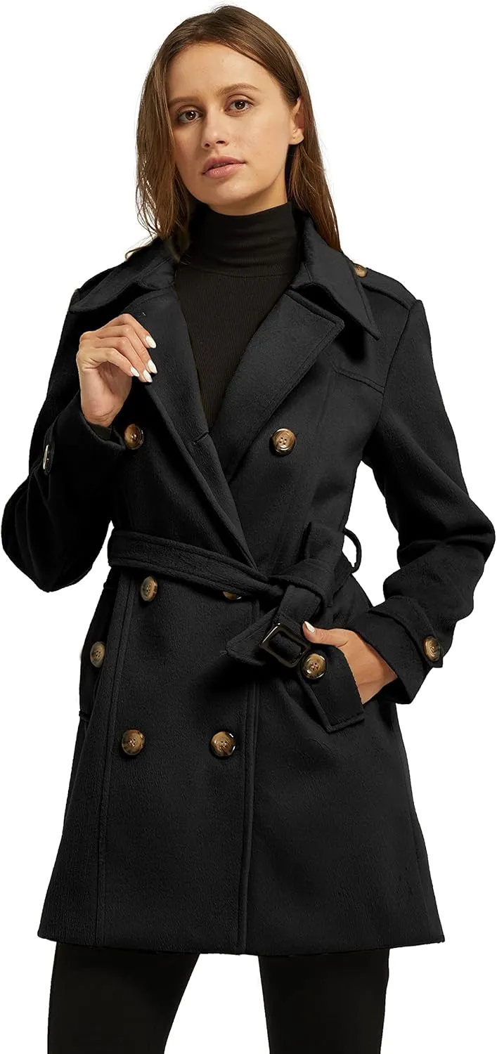 wantdo Women's Double Breasted Pea Coat Winter Mid-Long Trench Coat with Belt