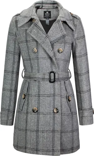 wantdo Women's Double Breasted Pea Coat Winter Mid-Long Trench Coat with Belt
