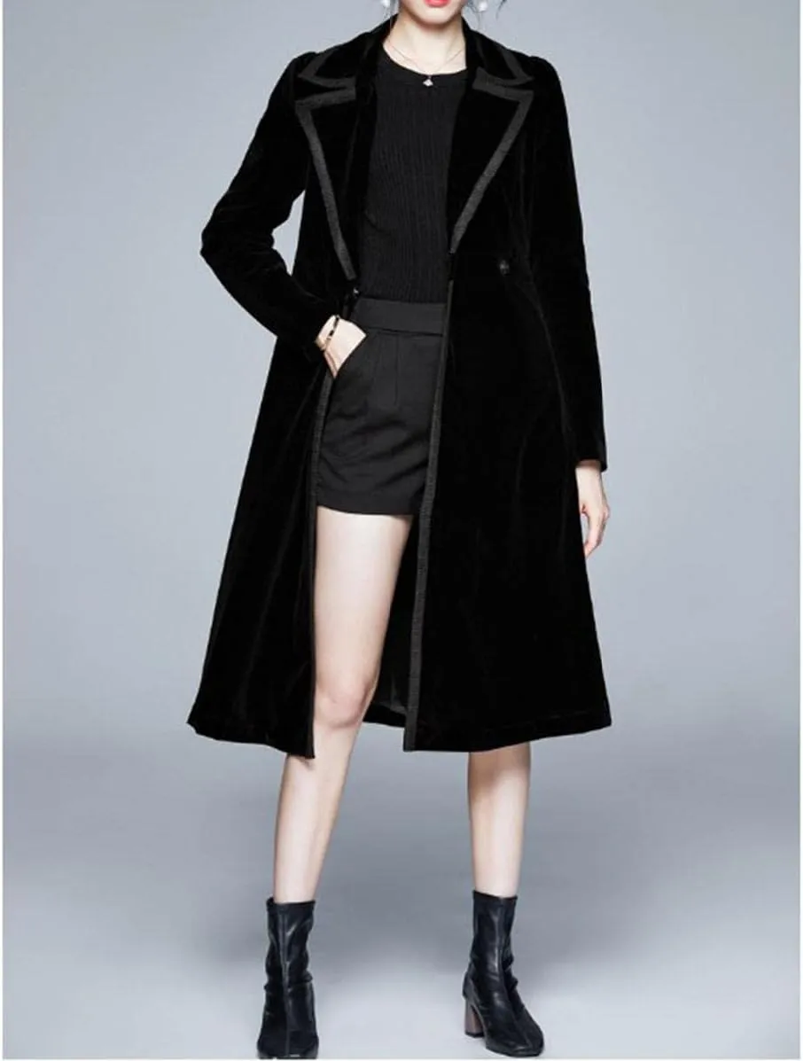 watersouprty Women's Slim Wool Blend Coat Lapel Long Sleeve Vintage Velvet Trench Coat Dress Pea Coat