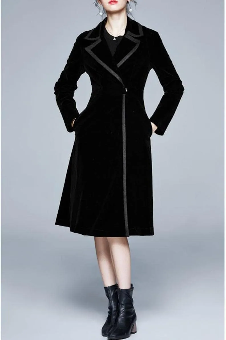 watersouprty Women's Slim Wool Blend Coat Lapel Long Sleeve Vintage Velvet Trench Coat Dress Pea Coat