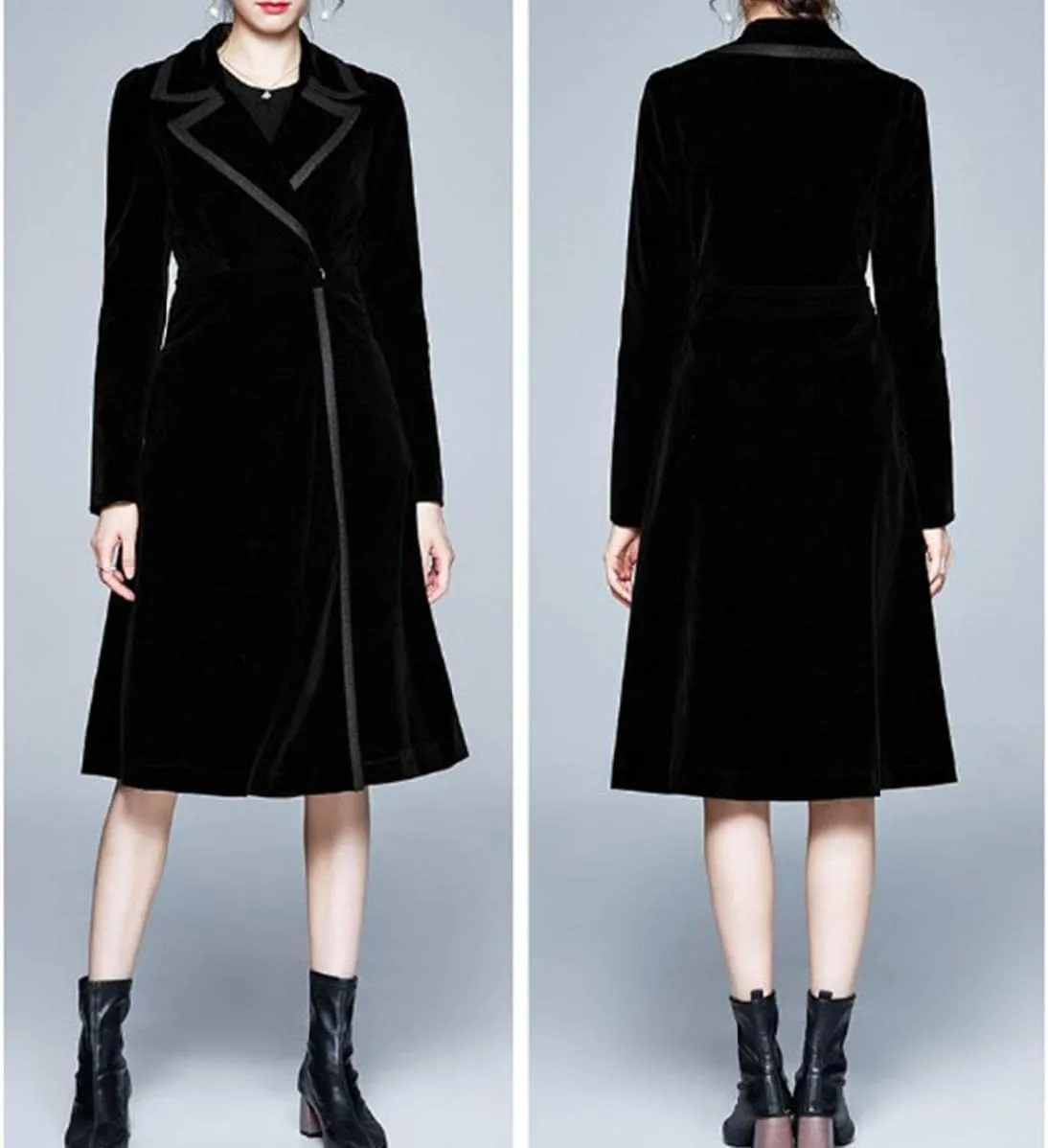 watersouprty Women's Slim Wool Blend Coat Lapel Long Sleeve Vintage Velvet Trench Coat Dress Pea Coat