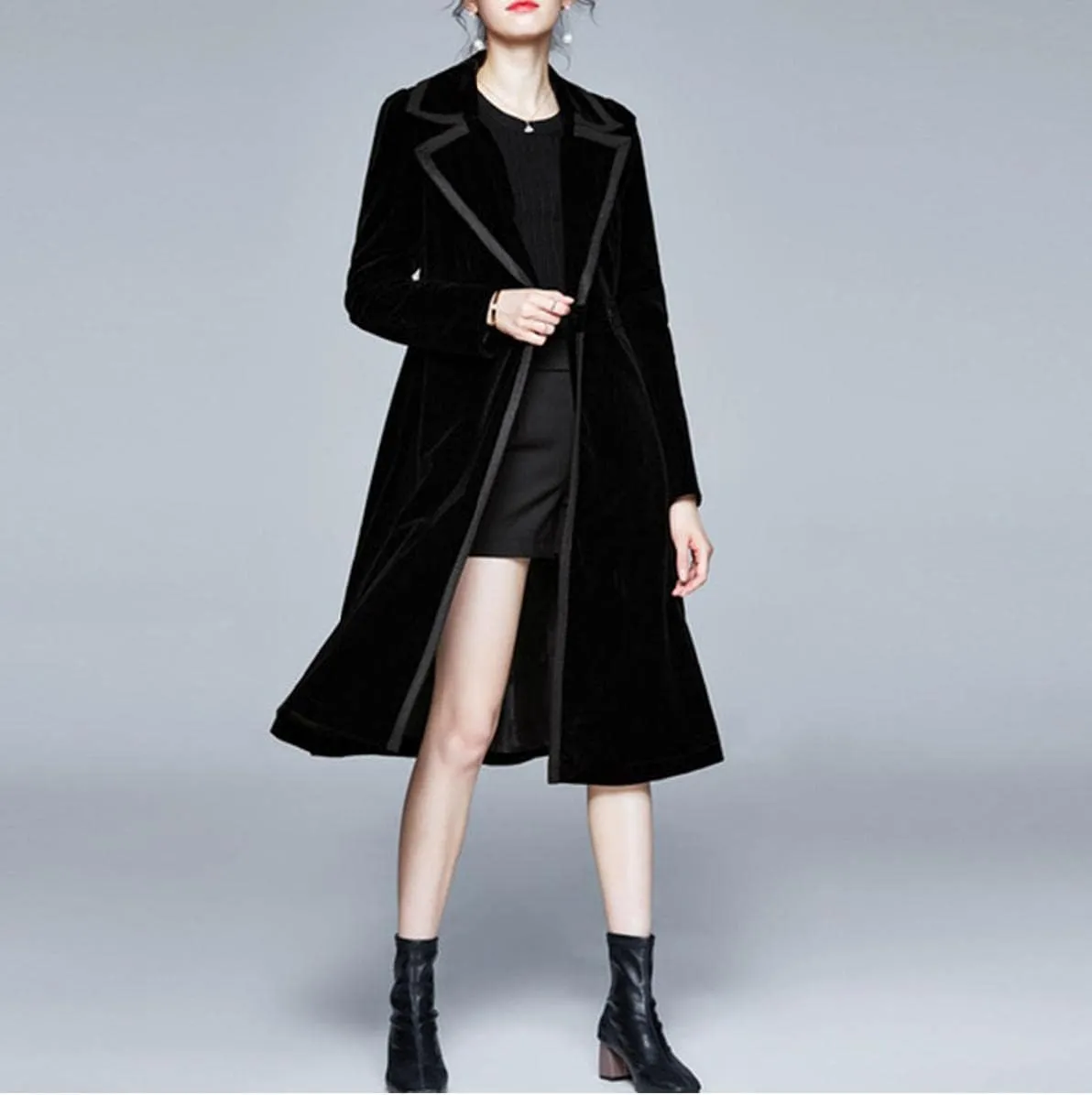 watersouprty Women's Slim Wool Blend Coat Lapel Long Sleeve Vintage Velvet Trench Coat Dress Pea Coat