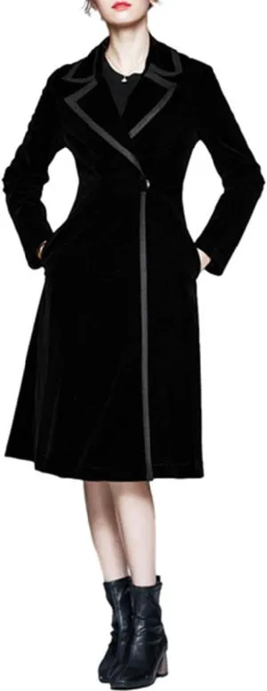 watersouprty Women's Slim Wool Blend Coat Lapel Long Sleeve Vintage Velvet Trench Coat Dress Pea Coat