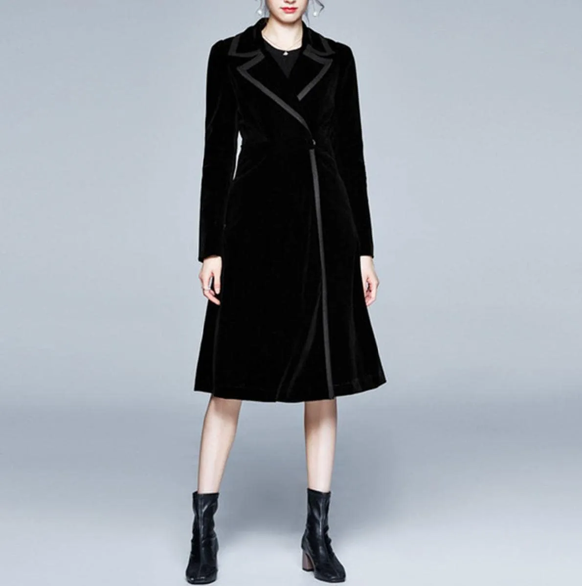 watersouprty Women's Slim Wool Blend Coat Lapel Long Sleeve Vintage Velvet Trench Coat Dress Pea Coat