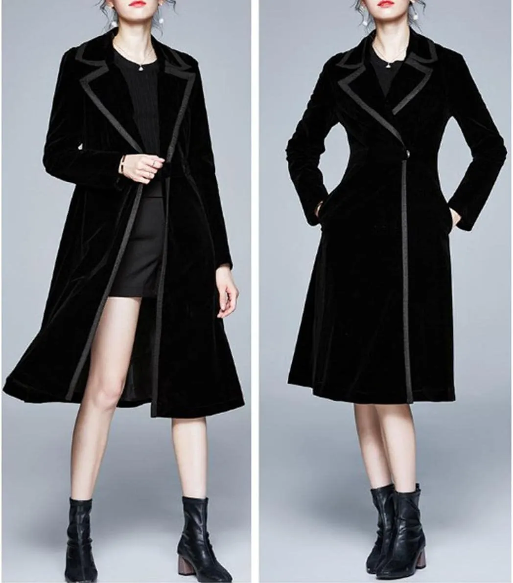 watersouprty Women's Slim Wool Blend Coat Lapel Long Sleeve Vintage Velvet Trench Coat Dress Pea Coat