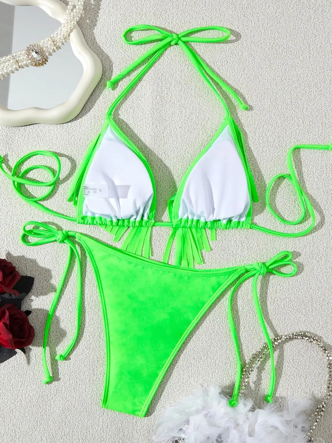 WDIRARA Women's Fringe Trim Halter Triangle Tie Side Bikini 2 Piece Thong Swimsuit