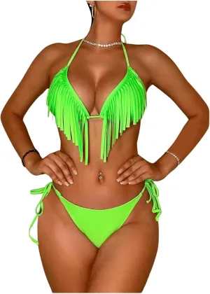 WDIRARA Women's Fringe Trim Halter Triangle Tie Side Bikini 2 Piece Thong Swimsuit