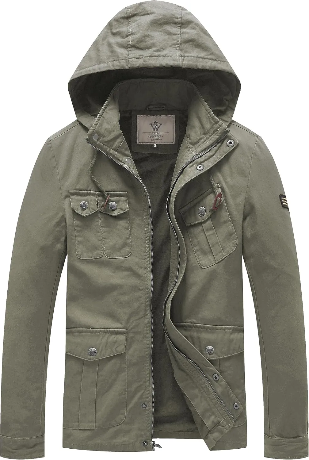 WenVen Men's Casual Canvas Cotton Jacket Hooded Military Utility Jacket