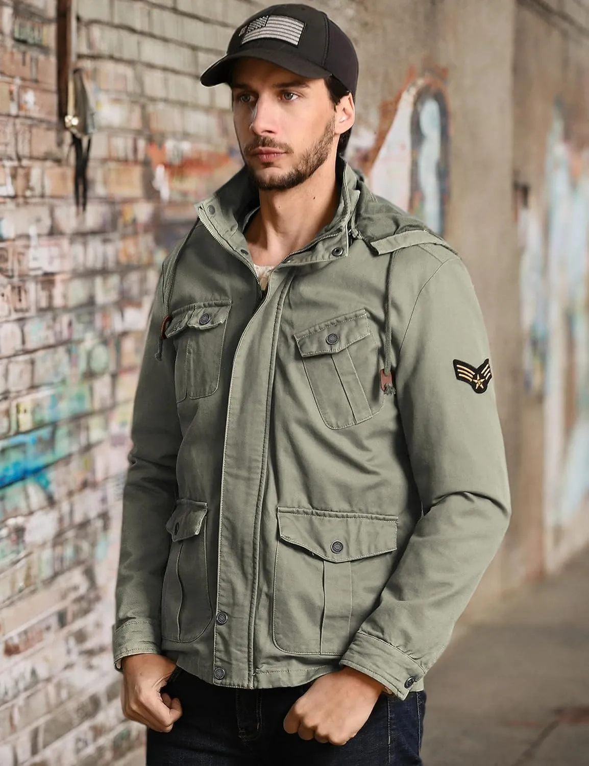 WenVen Men's Casual Canvas Cotton Jacket Hooded Military Utility Jacket