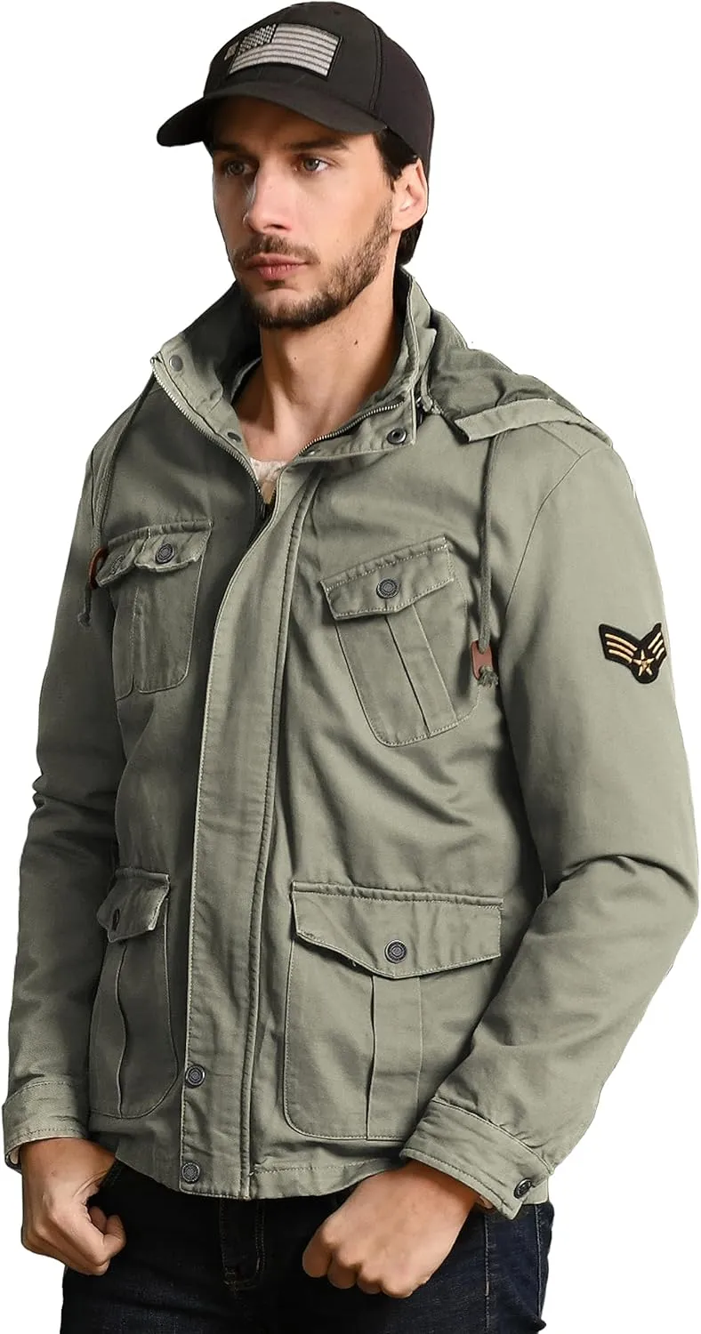 WenVen Men's Casual Canvas Cotton Jacket Hooded Military Utility Jacket