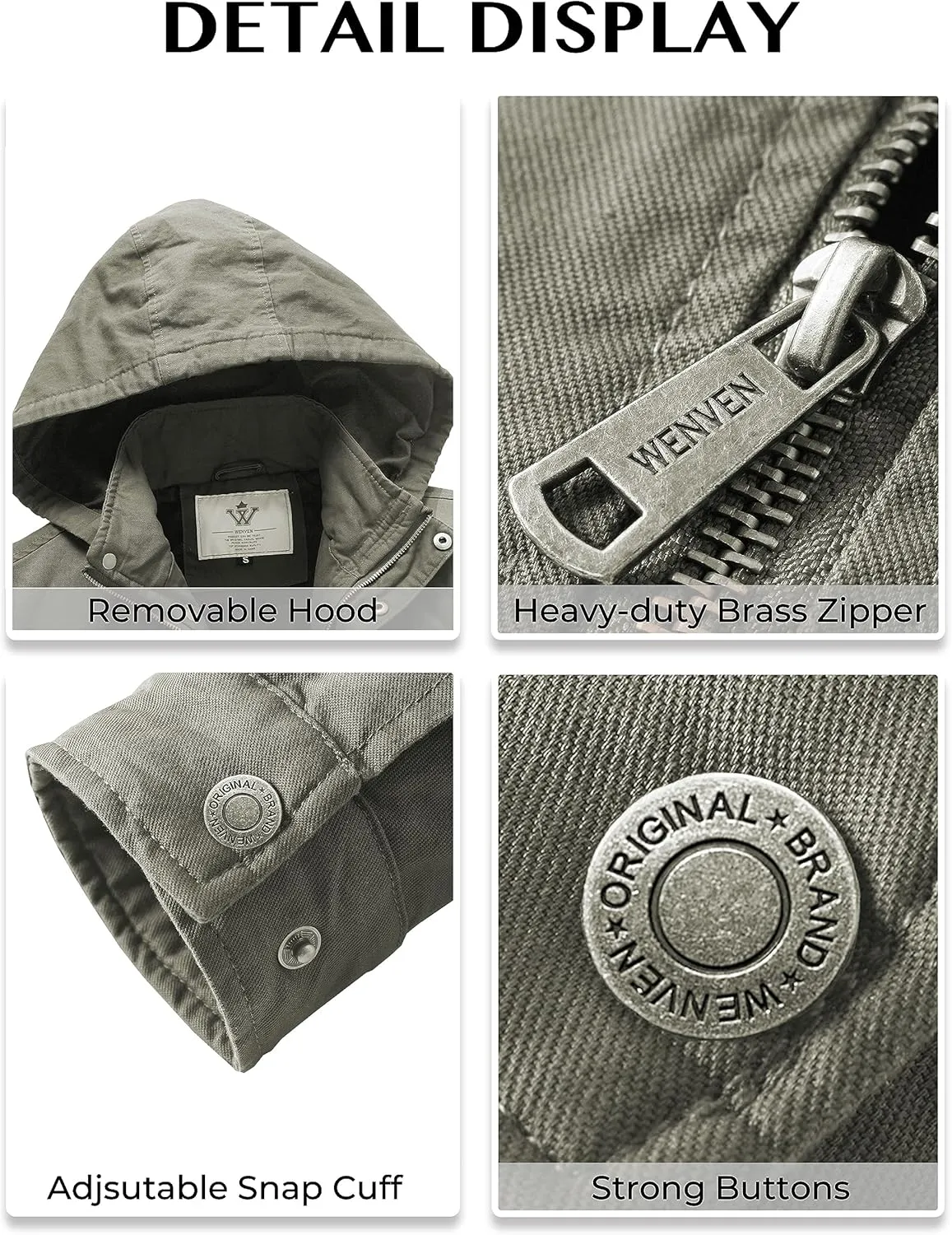 WenVen Men's Casual Canvas Cotton Jacket Hooded Military Utility Jacket