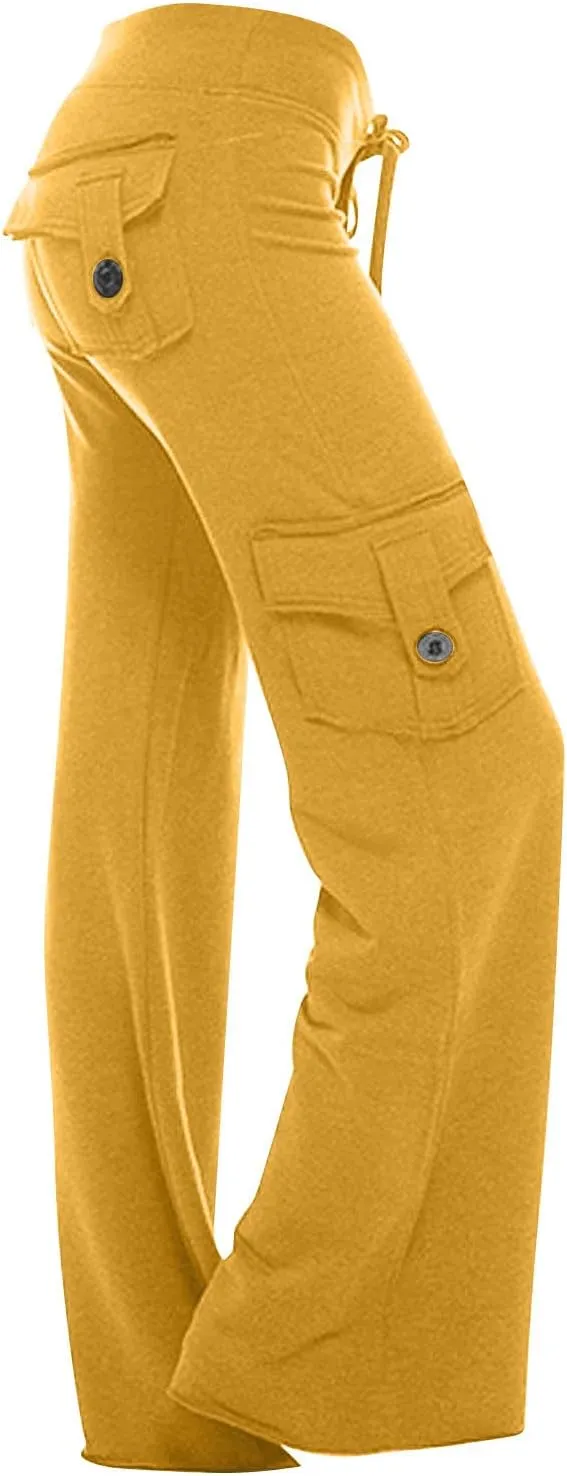 Wide Leg Cargo Pants for Women with Pockets Drawstring High Waisted Yoga Pants Trouser Style Yoga Pants Tall