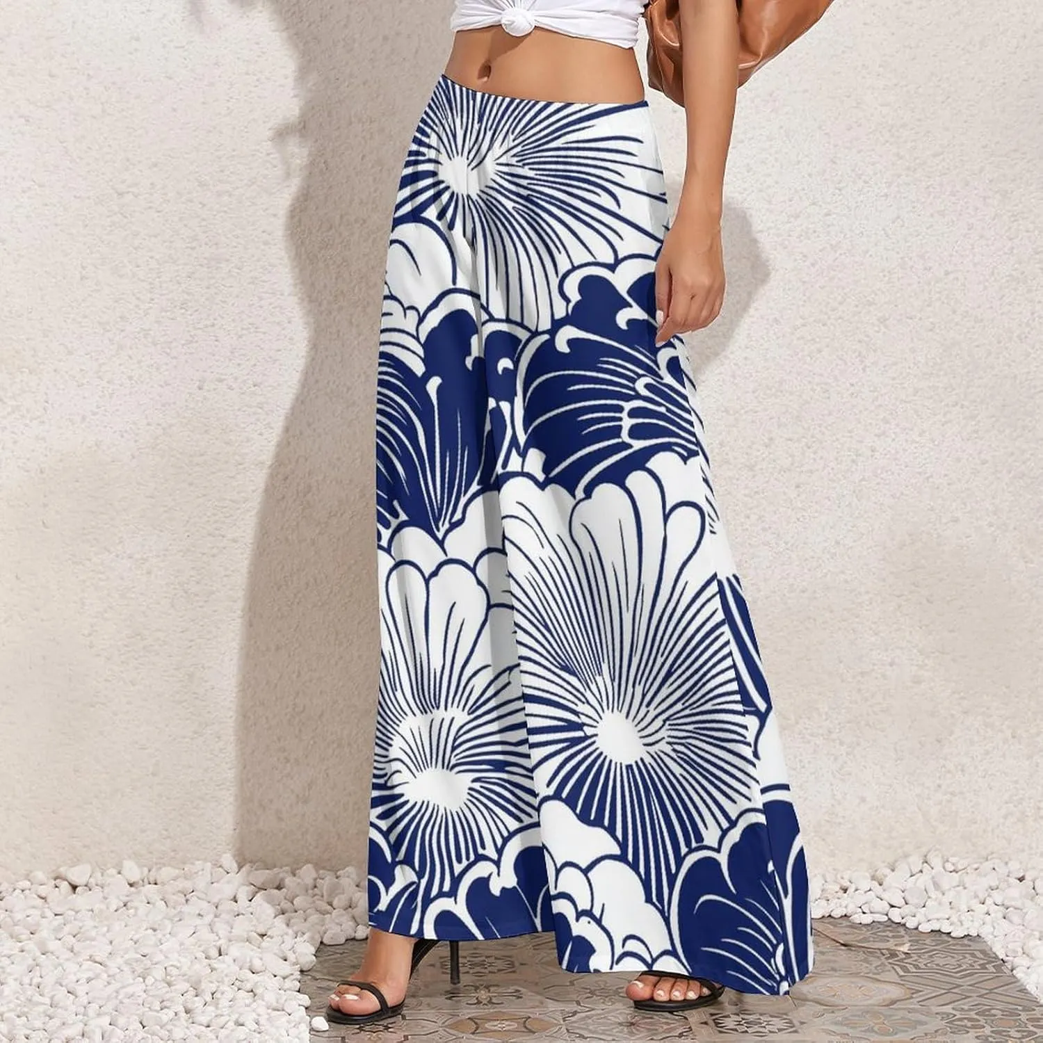 Wide Leg High Waist Pants for Woman Plus Size Flowy Pants Summer Beach Trouser Lightweight Elastic Waist Trouser