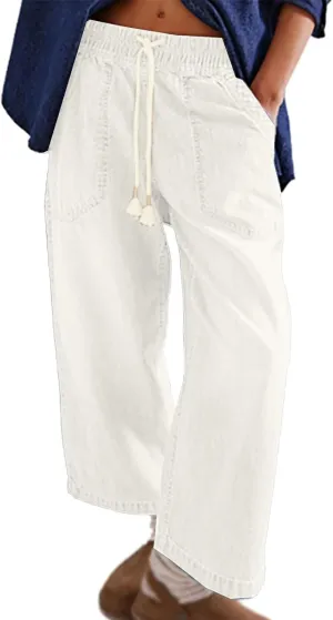 Wide Leg Jeans for Women Elastic Drawstring High Waisted Cropped Pull On Jeans Baggy Stretch Denim Trouser Pants