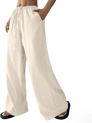 Wide Leg Linen Pants for Women Casual Summer Vacation Drawstring Pants with Pockets Baggy Flowy Pleated Beach Pantalones