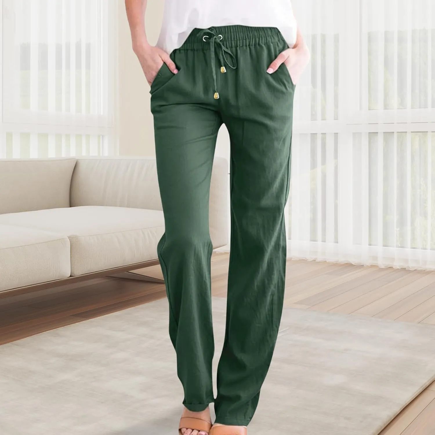 Wide Leg Linen Pants for Women Drawstring High Waisted Loose Fit Lightweight Summer Lounge Pants with Pockets