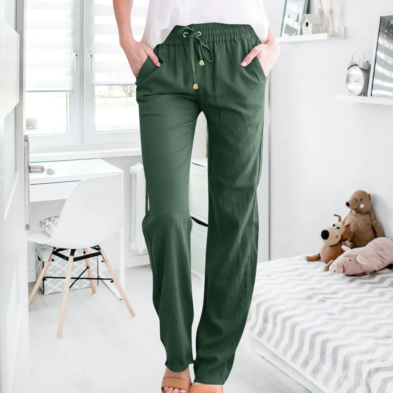 Wide Leg Linen Pants for Women Drawstring High Waisted Loose Fit Lightweight Summer Lounge Pants with Pockets