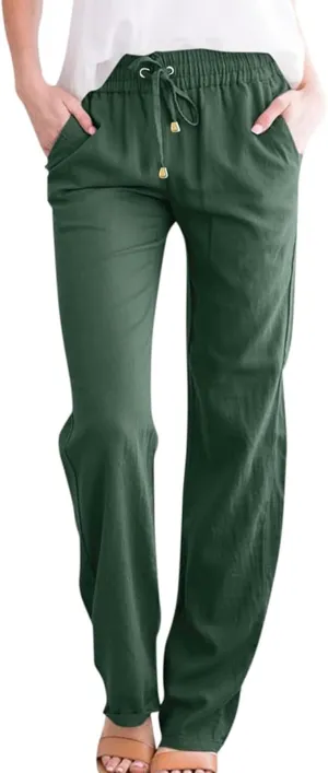 Wide Leg Linen Pants for Women Drawstring High Waisted Loose Fit Lightweight Summer Lounge Pants with Pockets