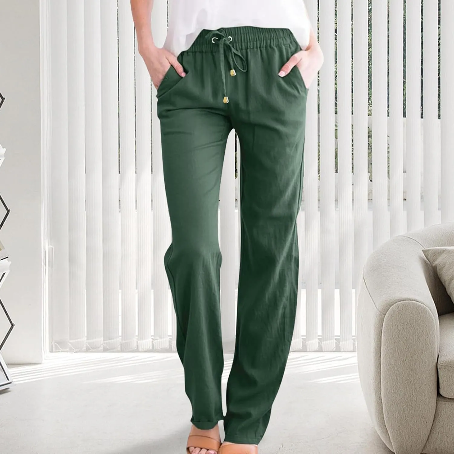 Wide Leg Linen Pants for Women Drawstring High Waisted Loose Fit Lightweight Summer Lounge Pants with Pockets