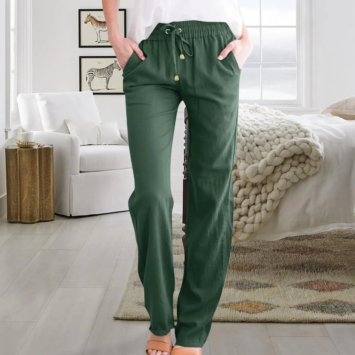 Wide Leg Linen Pants for Women Drawstring High Waisted Loose Fit Lightweight Summer Lounge Pants with Pockets