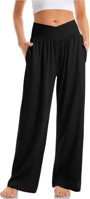 Wide Leg Yoga Pants Women Crossover V Waist High Waisted Casual Lounge Pants Straight Leg Pull on Pants with Pockets
