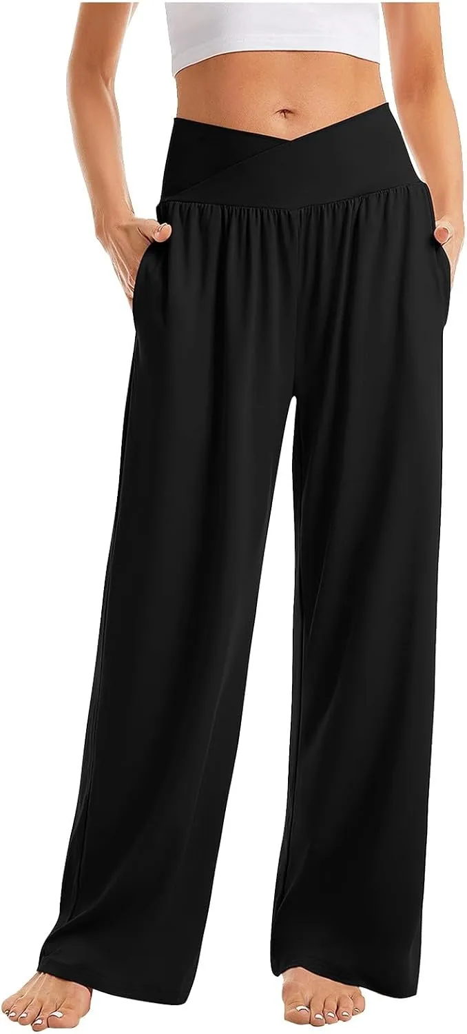 Wide Leg Yoga Pants Women Crossover V Waist High Waisted Casual Lounge Pants Straight Leg Pull on Pants with Pockets