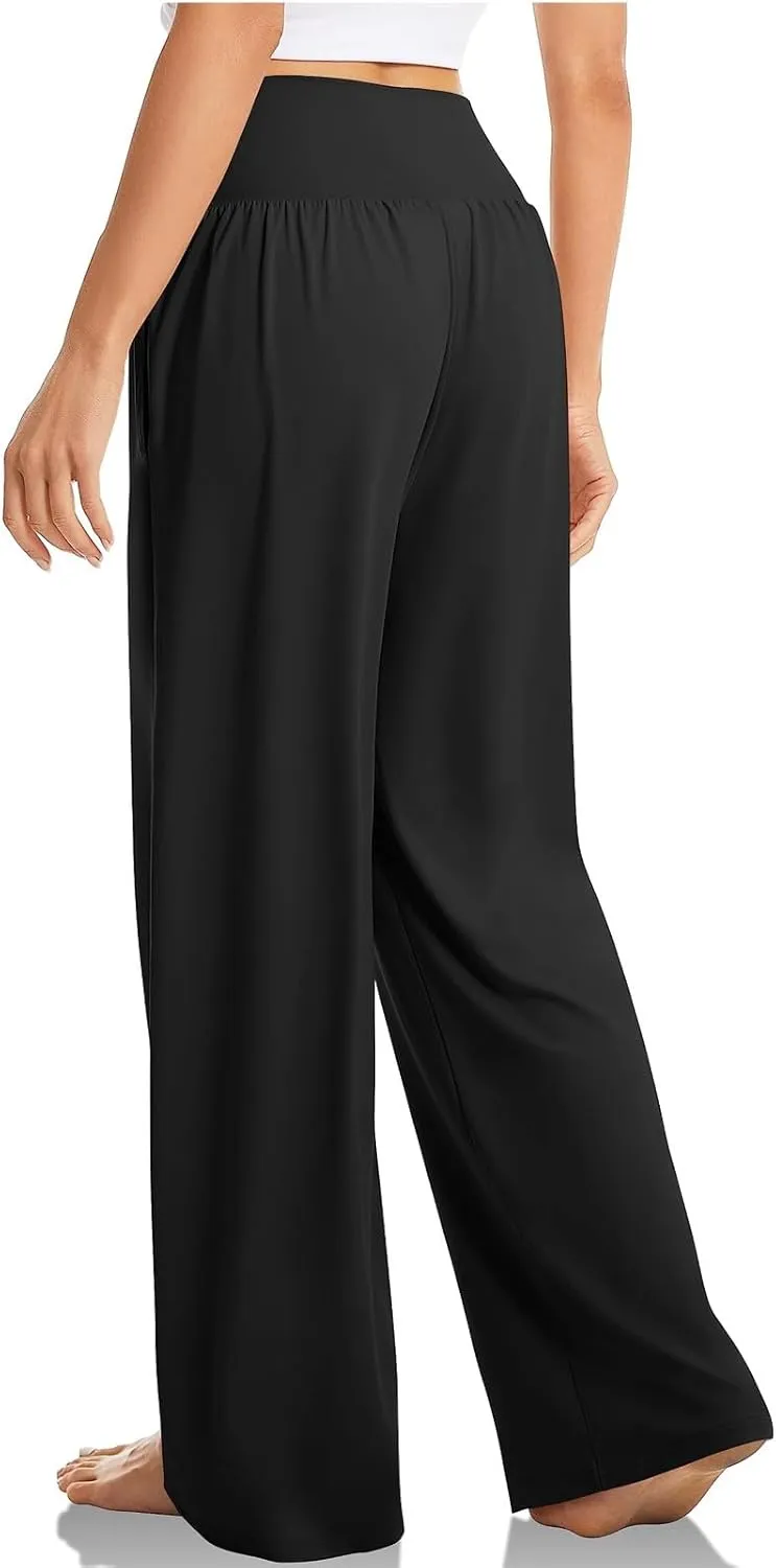 Wide Leg Yoga Pants Women Crossover V Waist High Waisted Casual Lounge Pants Straight Leg Pull on Pants with Pockets