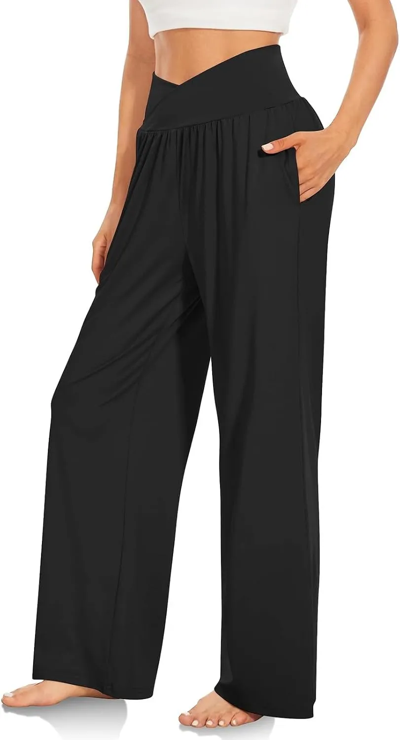 Wide Leg Yoga Pants Women Crossover V Waist High Waisted Casual Lounge Pants Straight Leg Pull on Pants with Pockets