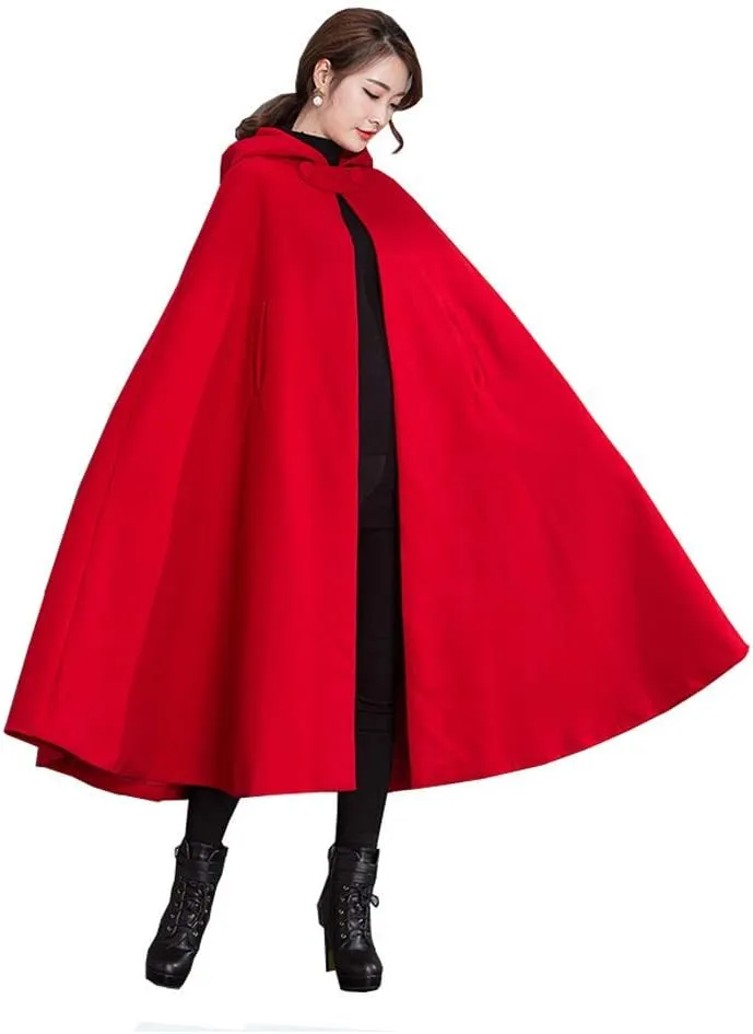 Winter Cape for Women Warm Red Cloak with Hood Wool Blend Poncho Cape Jacket