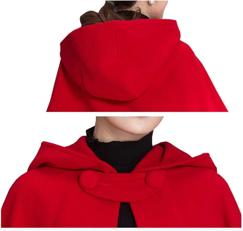 Winter Cape for Women Warm Red Cloak with Hood Wool Blend Poncho Cape Jacket