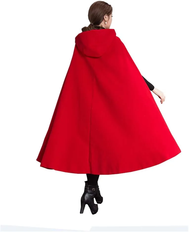 Winter Cape for Women Warm Red Cloak with Hood Wool Blend Poncho Cape Jacket