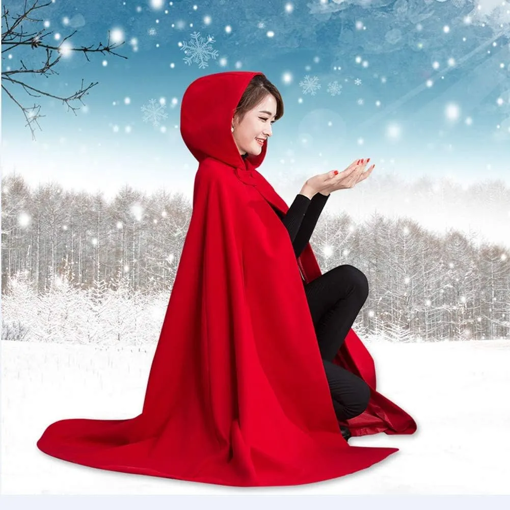 Winter Cape for Women Warm Red Cloak with Hood Wool Blend Poncho Cape Jacket