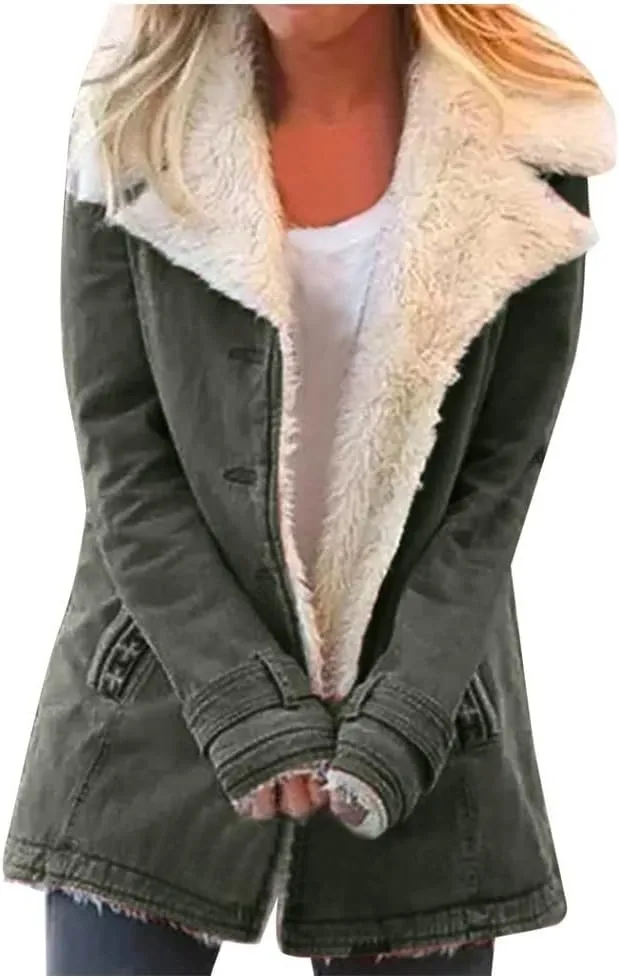 Winter Coat for Women 2024 Warm Sherpa Fleece Lined Button down Long Sleeve Suede Thicker Outerwear with Pockets