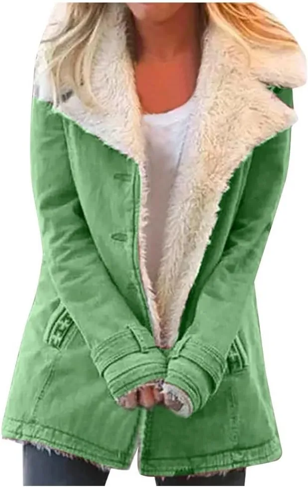 Winter Coat for Women 2024 Warm Sherpa Fleece Lined Button down Long Sleeve Suede Thicker Outerwear with Pockets