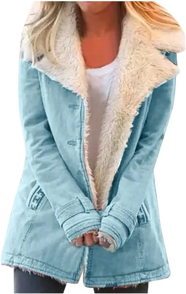 Winter Coat for Women 2024 Warm Sherpa Fleece Lined Button down Long Sleeve Suede Thicker Outerwear with Pockets