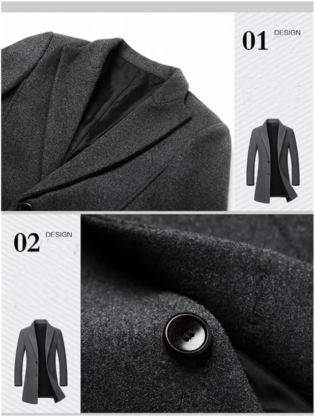 Winter Wool Jackets Men Wool Blends Casual Slim Outwear Black Wool Long Trench Coat