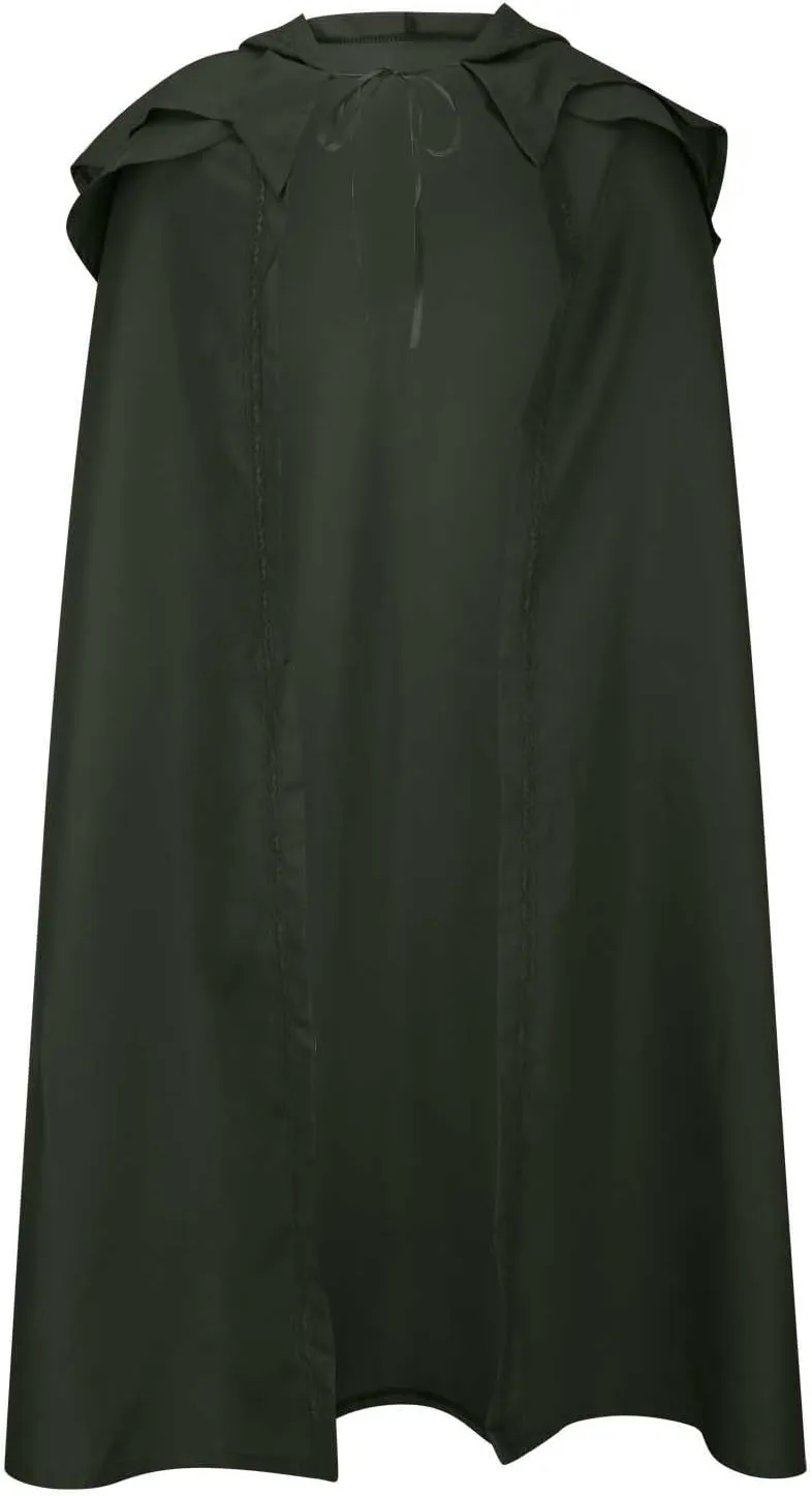 With Hood Mens Medieval Cloak Gothic Drawstring Robe Layered Shawl Cape Wraps Steampunk Frock Coat Halloween Costume