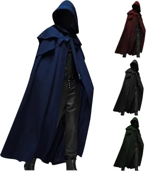 With Hood Mens Medieval Cloak Gothic Drawstring Robe Layered Shawl Cape Wraps Steampunk Frock Coat Halloween Costume
