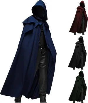 With Hood Mens Medieval Cloak Gothic Drawstring Robe Layered Shawl Cape Wraps Steampunk Frock Coat Halloween Costume