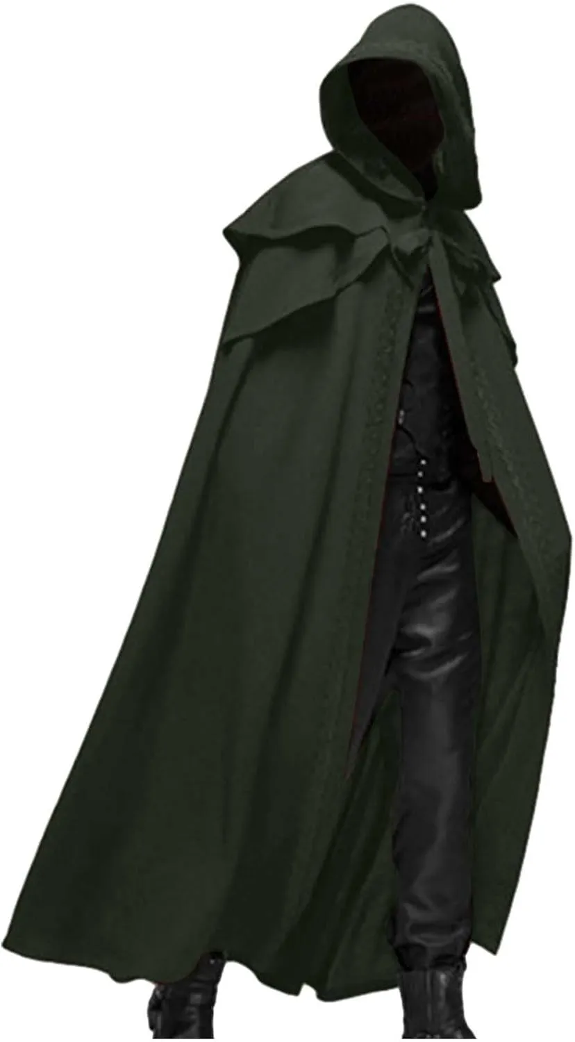 With Hood Mens Medieval Cloak Gothic Drawstring Robe Layered Shawl Cape Wraps Steampunk Frock Coat Halloween Costume