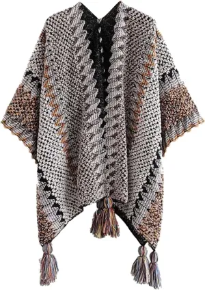 Women Boho Poncho Pashmina Shawl Wrap Cape Warm Winter Knitting Cardigan with Tassel Oversize Sweater Floral Coat