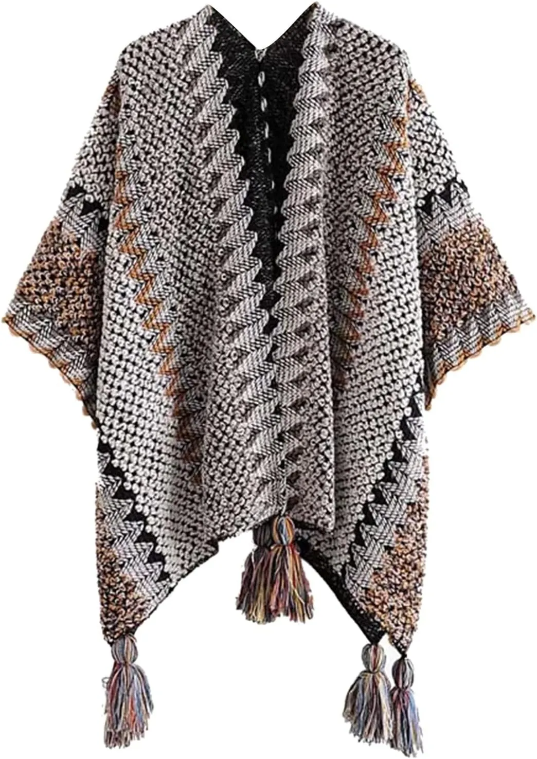 Women Boho Poncho Pashmina Shawl Wrap Cape Warm Winter Knitting Cardigan with Tassel Oversize Sweater Floral Coat