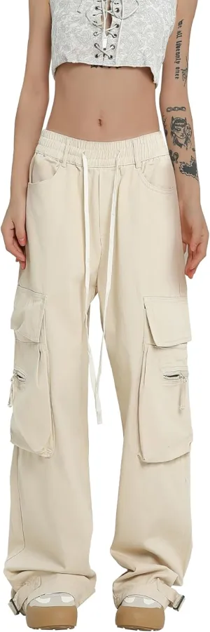 Women Cargo Pants Y2k Hip Hop Jogger Sweatpant Straight Wide Leg High Waisted Casual Pants