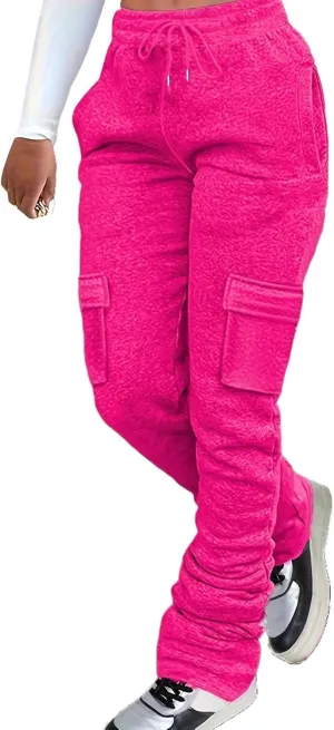 Women Cargo Sweatpants Stacked Pants Warm Fleece Drawstring Waist Casual Joggers Trousers