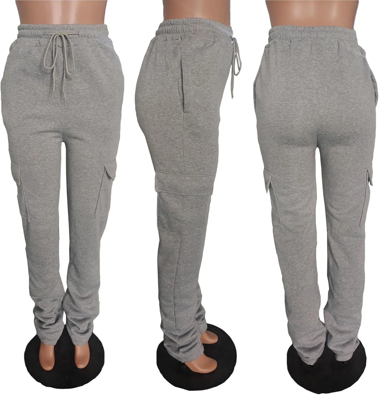 Women Cargo Sweatpants Stacked Pants Warm Fleece Drawstring Waist Casual Joggers Trousers