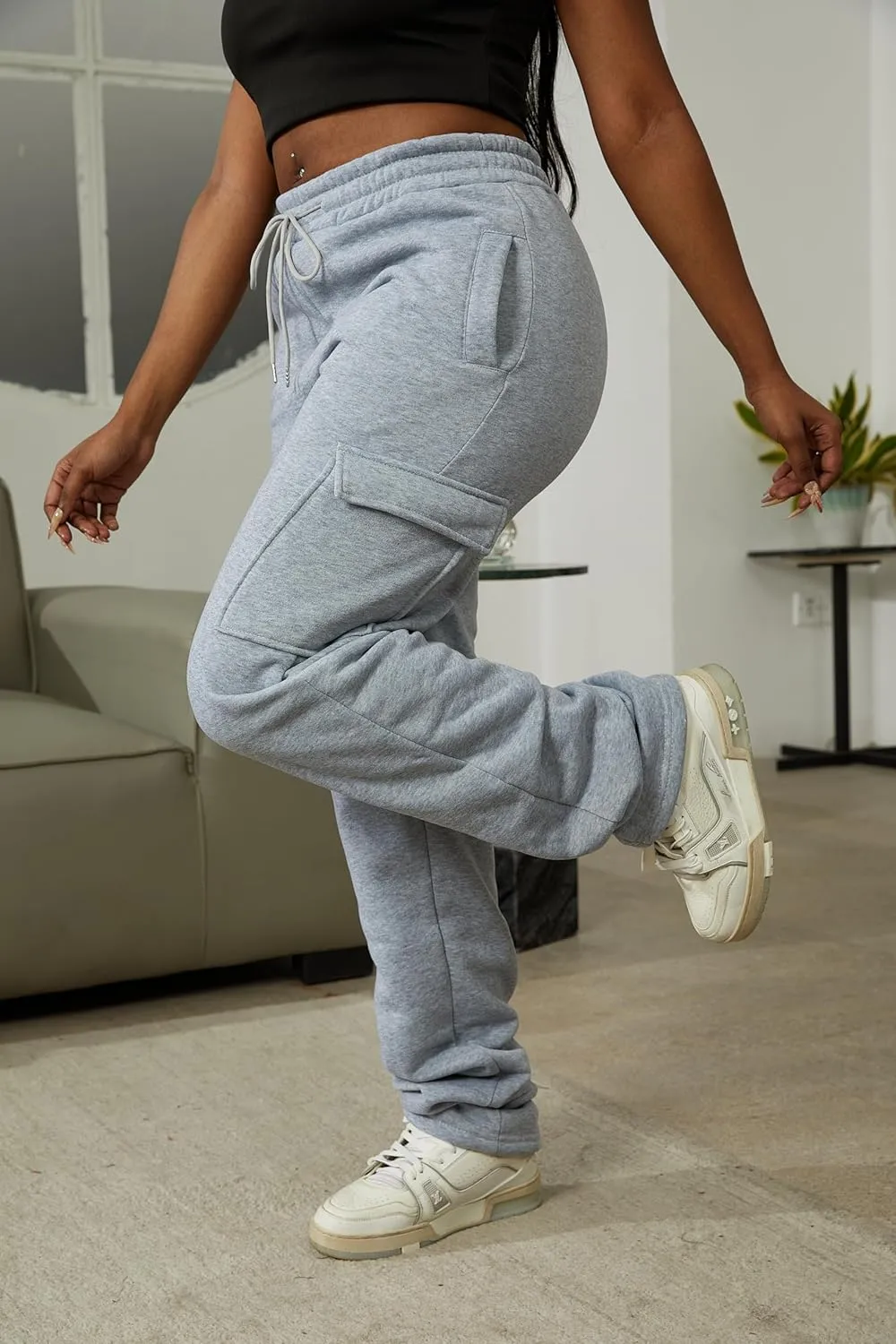 Women Cargo Sweatpants Stacked Pants Warm Fleece Drawstring Waist Casual Joggers Trousers